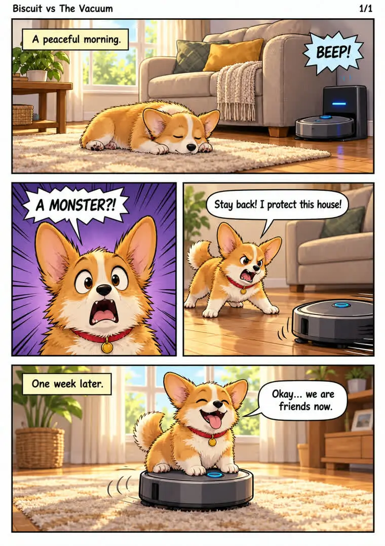 A 4 panel manga page of a corgi named Biscuit meeting a robot vacuum, in the standard comic style