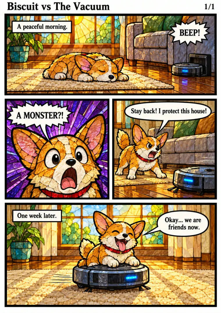 The corgi comic page drawn in the stained glass style, with glass tiles and heavy dark outlines