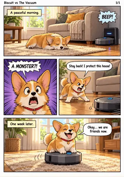 The same corgi comic page flipping through 13 art styles, from 90s anime to woodblock