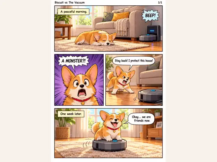 A Japanese sample page with vertical text flipping to the English corgi page