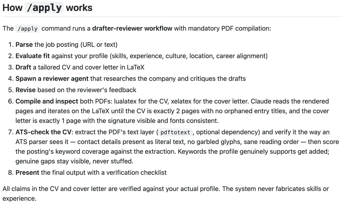 Documentation screenshot explaining the apply command's eight step drafter and reviewer resume and cover letter workflow