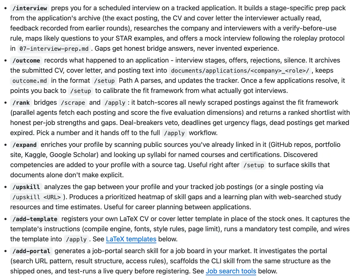 Documentation screenshot listing the extra commands for interview prep, outcome tracking, ranking, profile expansion, and upskilling