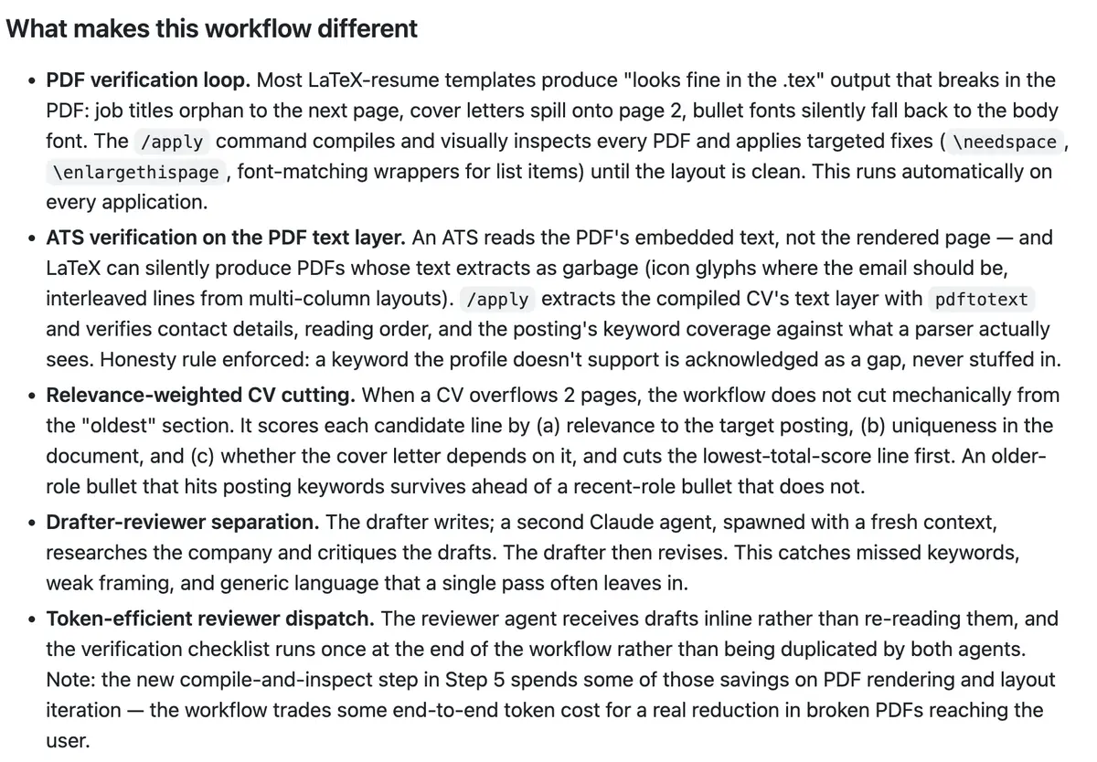 Documentation screenshot titled What makes this workflow different, covering the PDF verification loop, the ATS text layer check, and the drafter reviewer separation