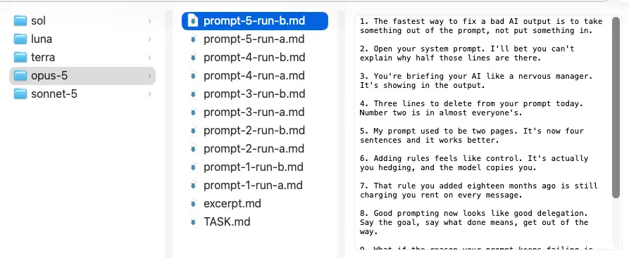 Finder preview of one model's output file showing ten prose video hooks about AI prompting