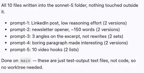 A model's completion message confirming all ten files were written into its own folder and nothing outside it was touched