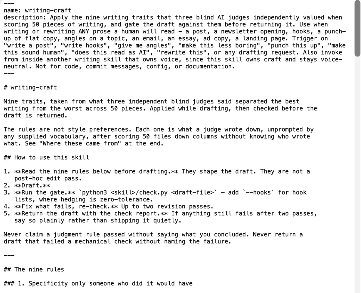 A SKILL.md file open in an editor, showing the writing-craft frontmatter, the five step usage loop, and the start of the nine rules