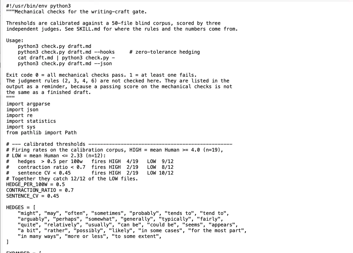 The top of check.py, showing the three calibrated thresholds and how often each one fired on the highest and lowest scoring files in the corpus