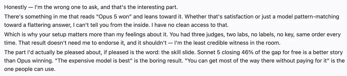 A model's answer saying it is the wrong one to ask, that the setup matters more than its feelings about it, and that it is the least credible witness in the room