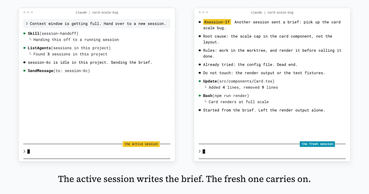 One session sends its brief to another session already open in the same project