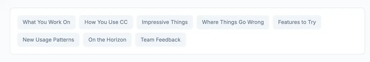 The eight section labels in a Claude Code insights report: What You Work On, How You Use CC, Impressive Things, Where Things Go Wrong, Features to Try, New Usage Patterns, On the Horizon and Team Feedback.