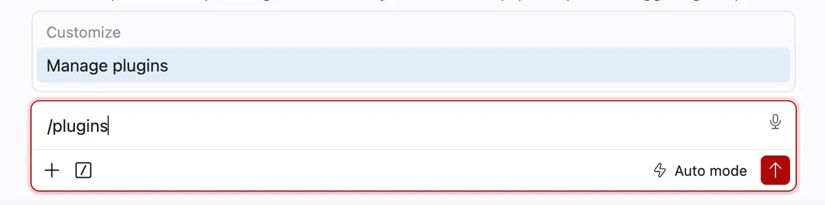 The Claude Code panel in a code editor with the /plugins command typed into the input to browse and install plugins.