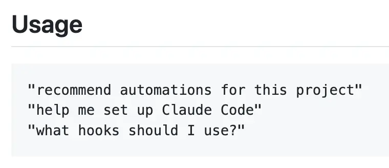 The three example trigger phrases for the automation recommender: recommend automations for this project, help me set up Claude Code, and what hooks should I use.