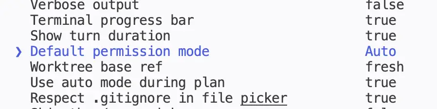 Claude Code /config settings list with Default permission mode set to Auto.