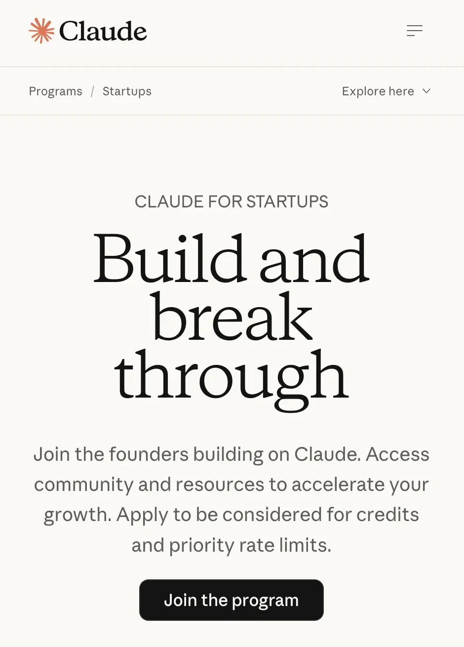 Claude for Startups page headline "Build and break through" with a "Join the program" button
