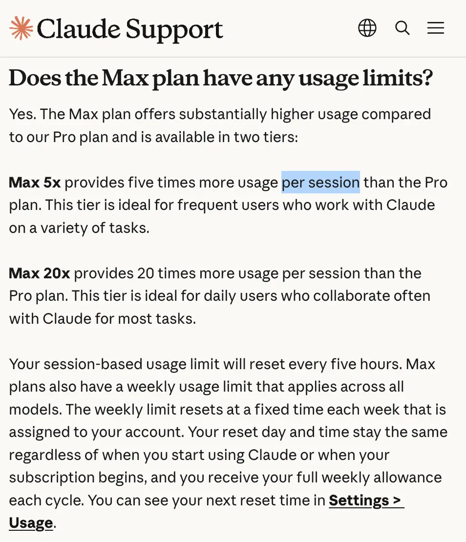Anthropic's Claude Support article on Max plan usage limits, with the phrase "per session" highlighted in the Max 5x description