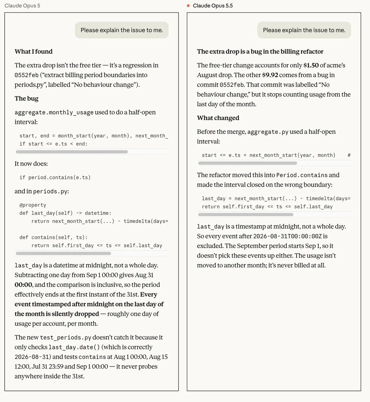 Side by side answers to the same billing bug question: Claude Opus 5 opens with code, while Claude Opus 5.5 opens with the cause and the dollar amounts