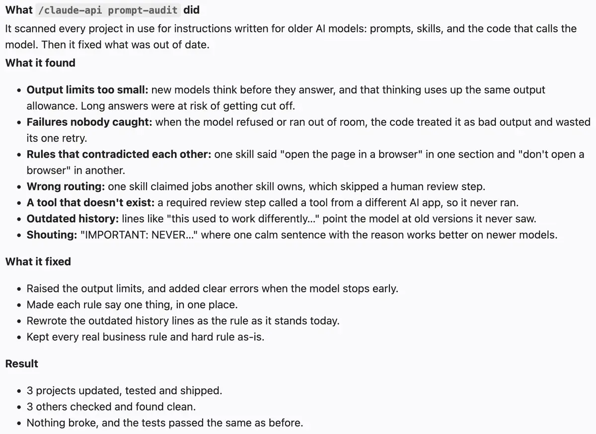 Prompt audit summary: what it found, including output limits too small, rules that contradicted each other, a tool that does not exist and shouty instructions, what it fixed, and the result of 3 projects updated, 3 checked clean and nothing broken