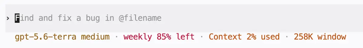Codex status line showing gpt-5.6-terra at medium effort with a 258K token context window