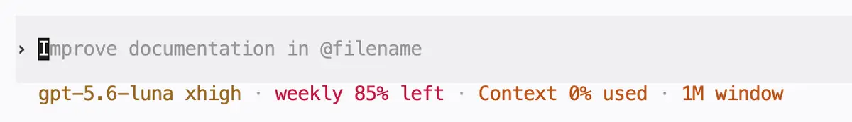 Codex status line showing gpt-5.6-luna at xhigh effort with a 1M token context window active