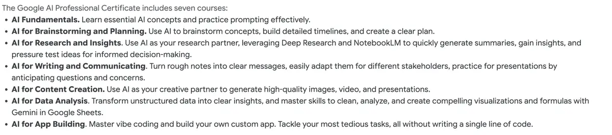 Google's enrollment page stating the certificate includes seven courses and listing seven, ending at AI for App Building.