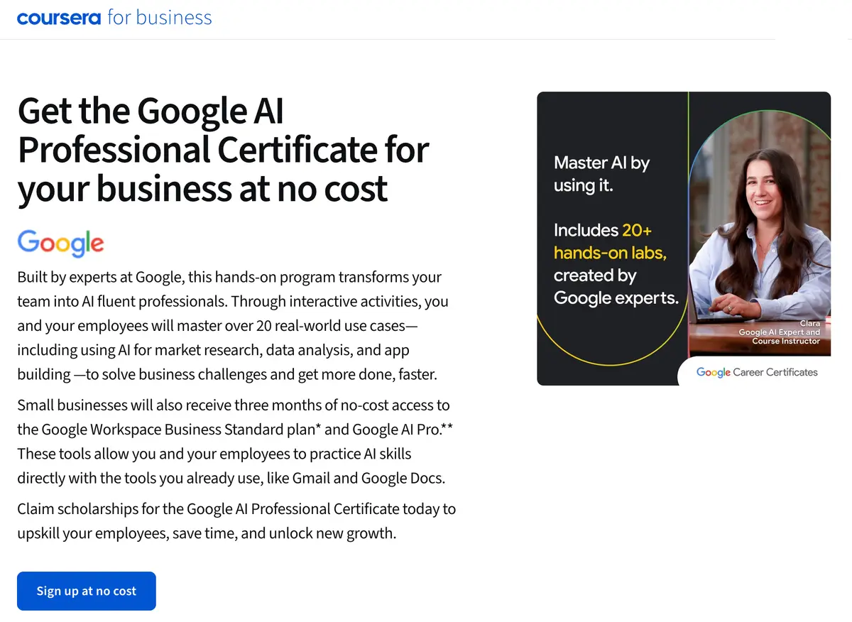Coursera for Business page offering the Google AI Professional Certificate to businesses at no cost.