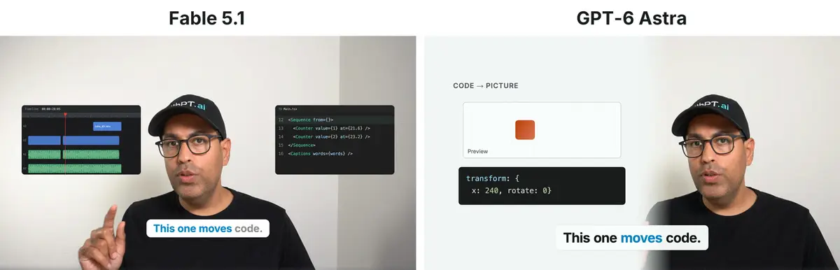 The line a timeline editor moves pixels around, this one moves code, in both edits. On the left, Fable 5.1 shows a dark video timeline panel and a dark code editor panel on either side of the speaker. On the right, GPT-6 Astra shows a small preview with an orange square above a code block setting its position, under the heading Code to picture.