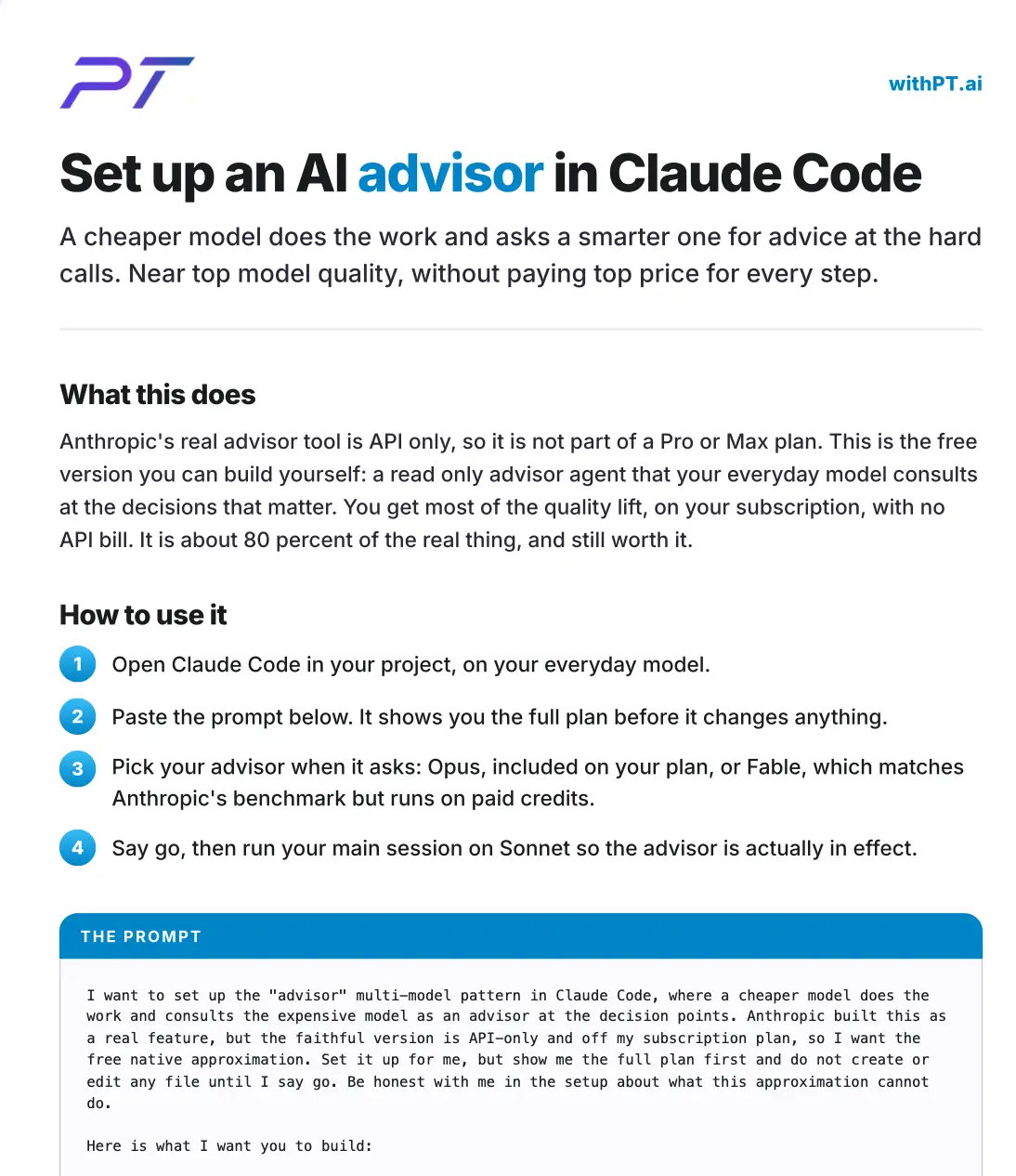 withPT.ai PDF handout showing the steps to set up a free advisor in Claude Code