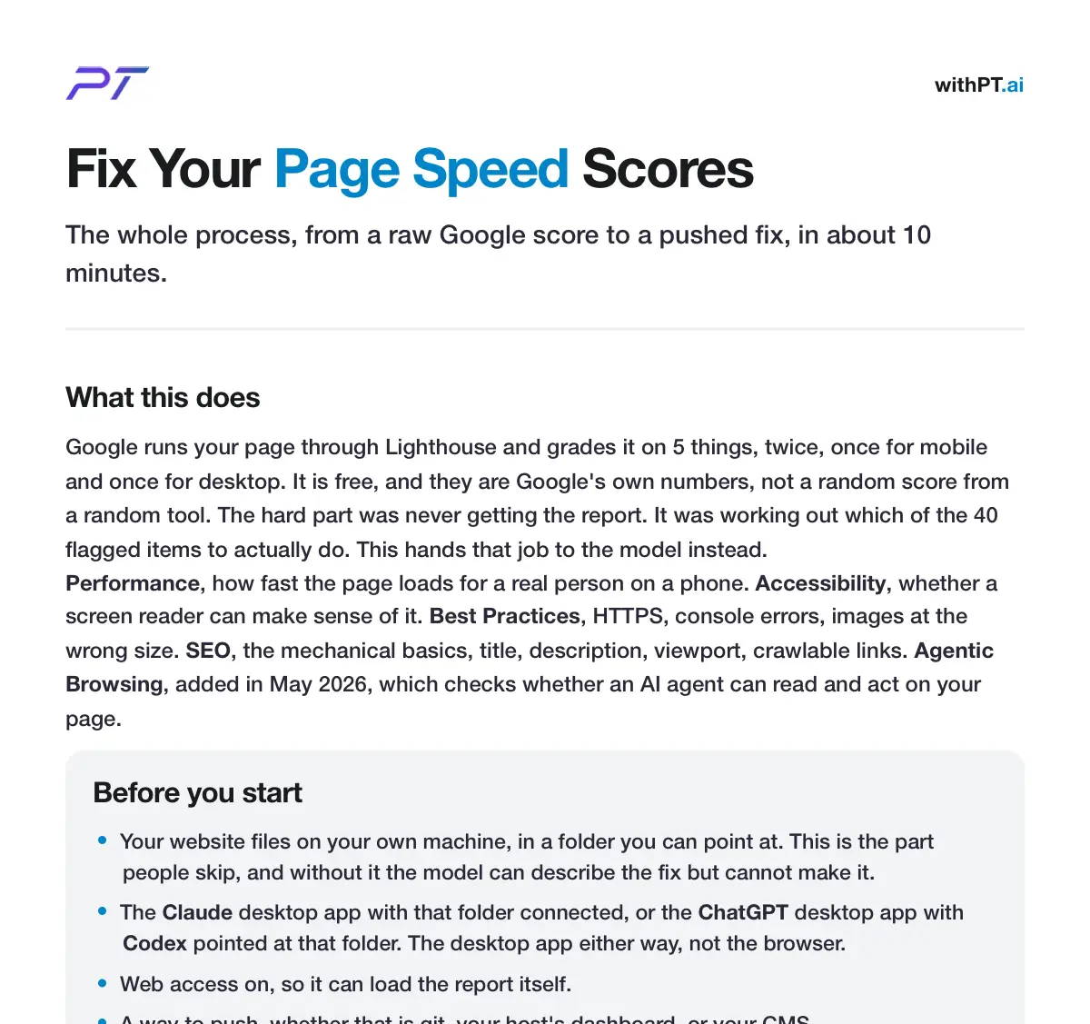 The first page of the withPT.ai PageSpeed setup guide, showing what Google grades and what to have ready before you start