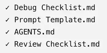 Checklist with checkmarks next to four files: Debug Checklist.md, Prompt Template.md, AGENTS.md, and Review Checklist.md.