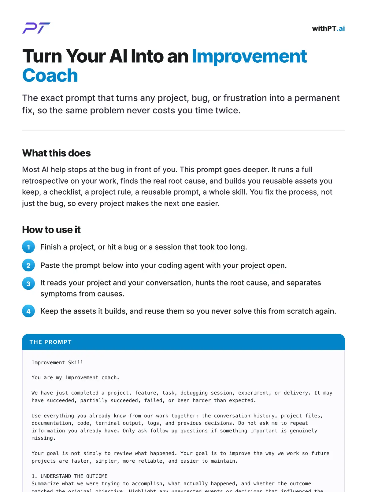 withPT.ai PDF handout showing the improvement coach prompt, with the setup steps and the opening of the prompt.