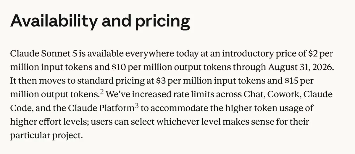 Anthropic pricing note: Claude Sonnet 5 at $2 per million input and $10 per million output tokens through August 31, 2026, then $3 and $15 standard