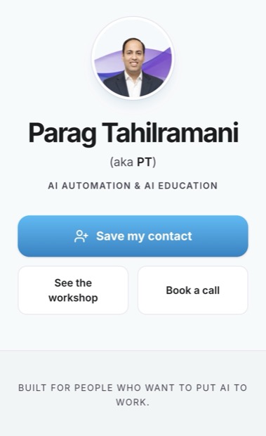 Screenshot of the digital business card landing page with the browser address bar cropped out.