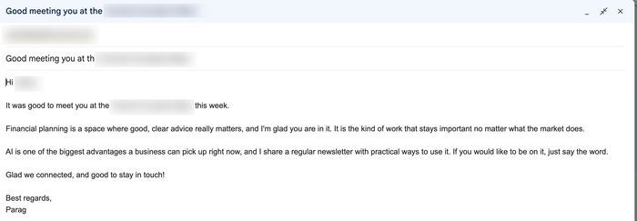 Redacted screenshot of a follow up email draft in Gmail, with the recipient name, email, and event blurred.
